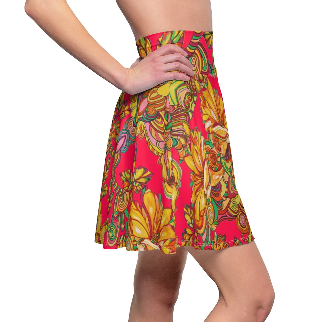 Artsy Floral Red Skater Skirt