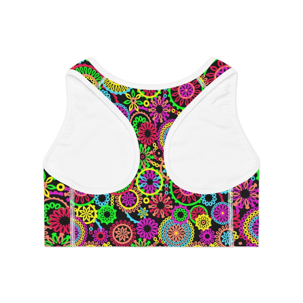 Black 70's Vibe Print (AOP) Sports Bra