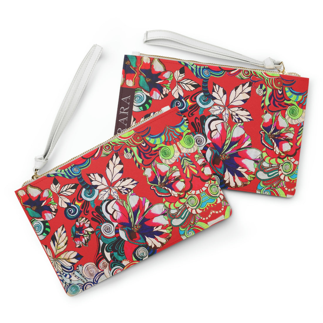 red graphic floral print clutch bag