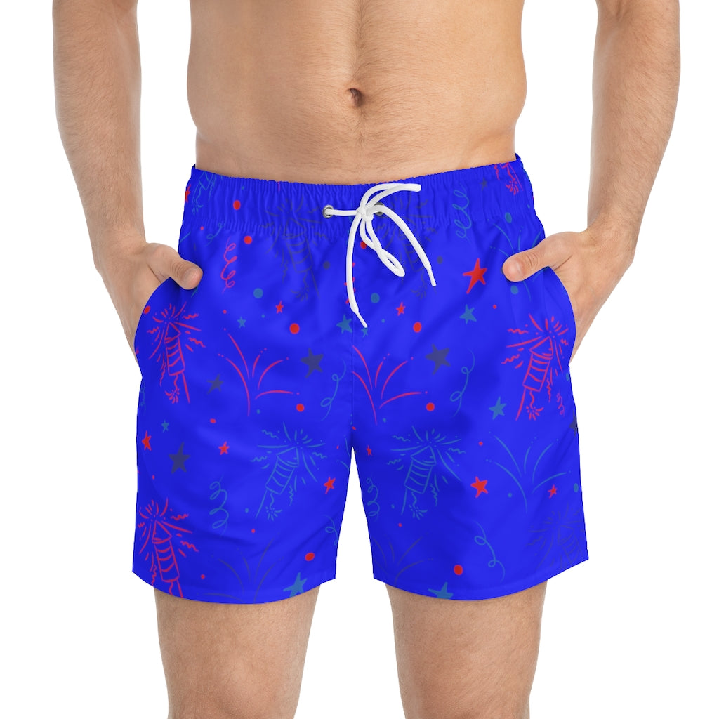 electric blue 4th of July firecracker print men's swimming trunks