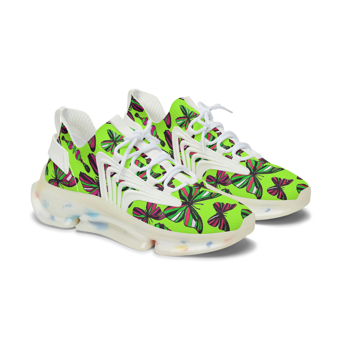 lime green butterfly print women's mesh knit sneakers