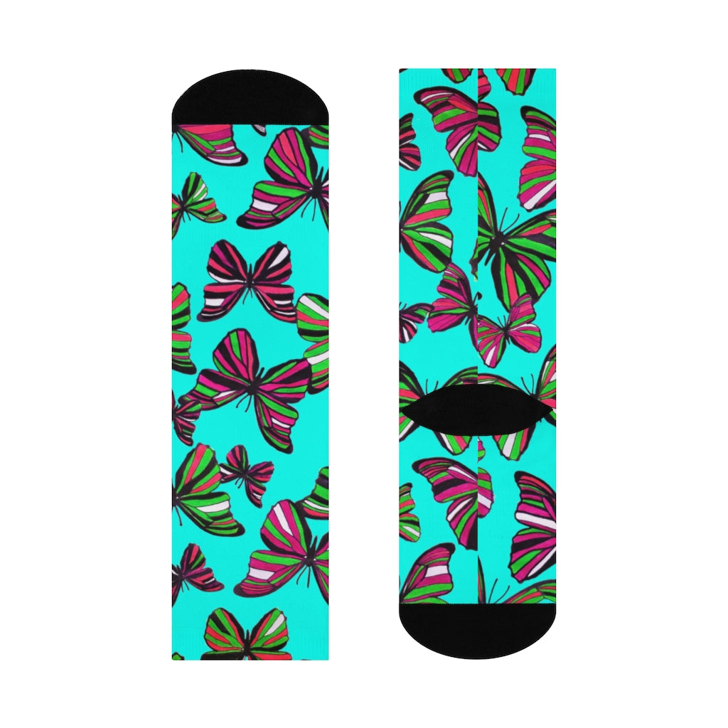 Grunge Butterflies Cyan Crew Socks