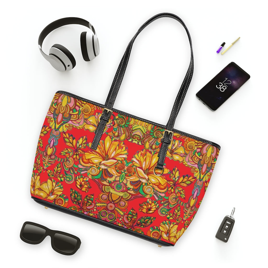 red floral print tote bag