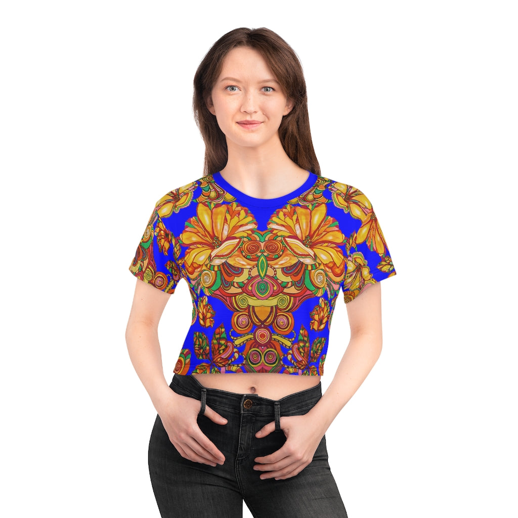 electric blue graphic floral print crop t-shirt