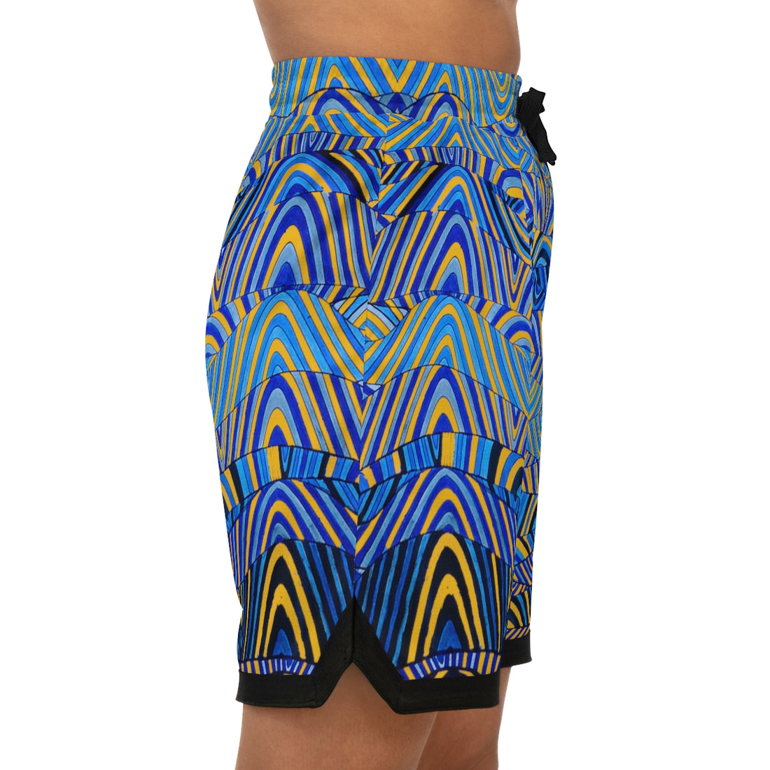 yellow sonic waves print basketball shorts for men