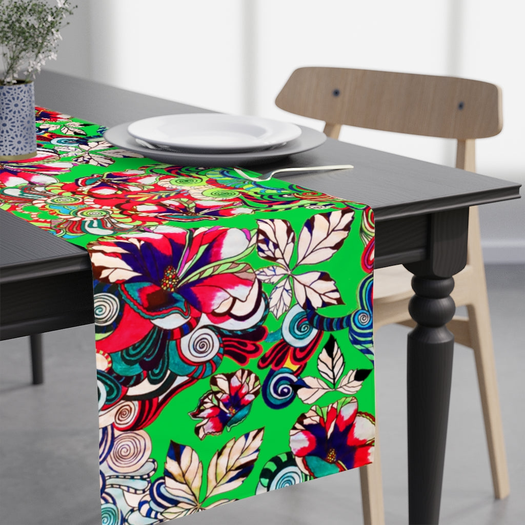 Artsy Floral Pop Green Table Runner