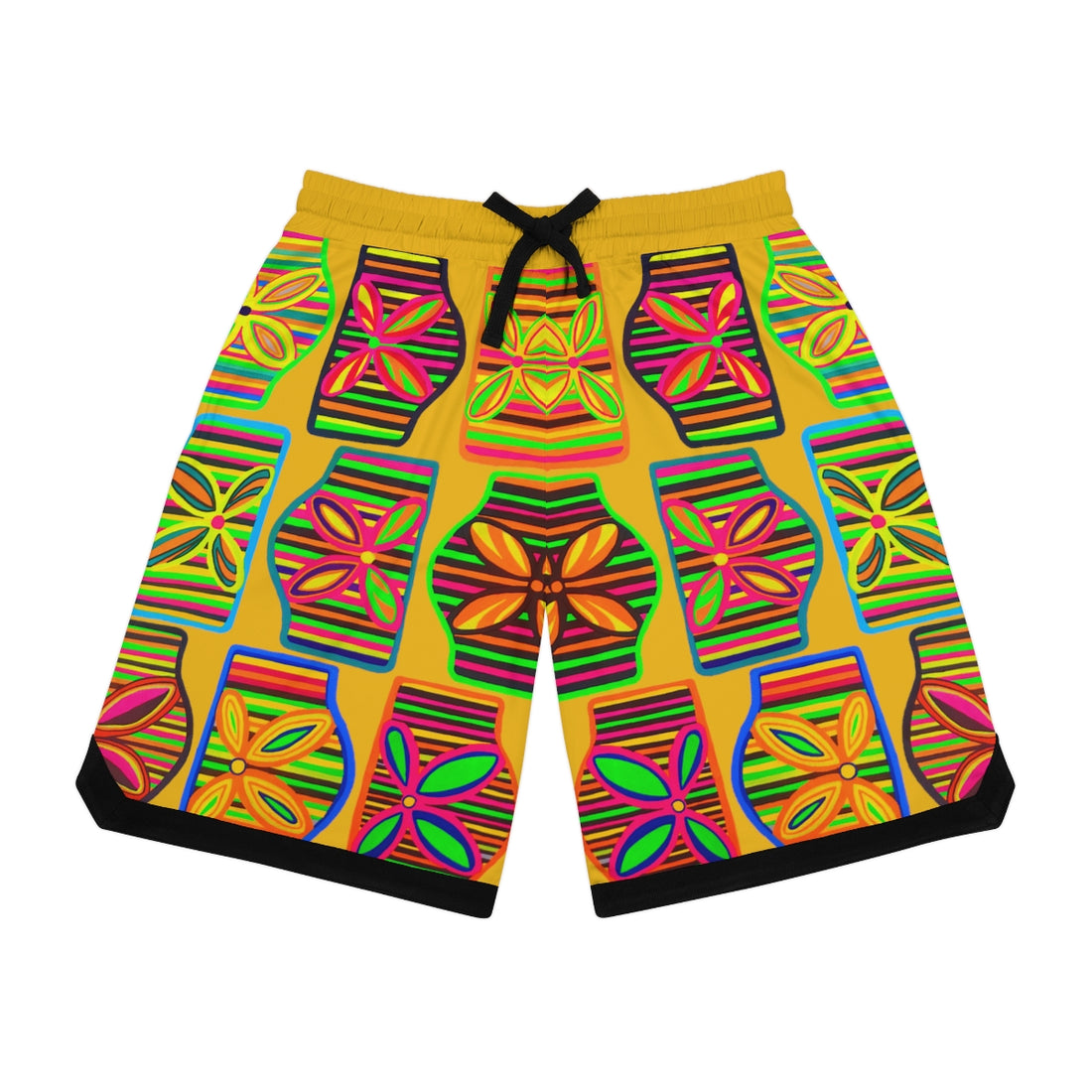 Yellow Deco Print Basketball Rib Shorts (AOP)