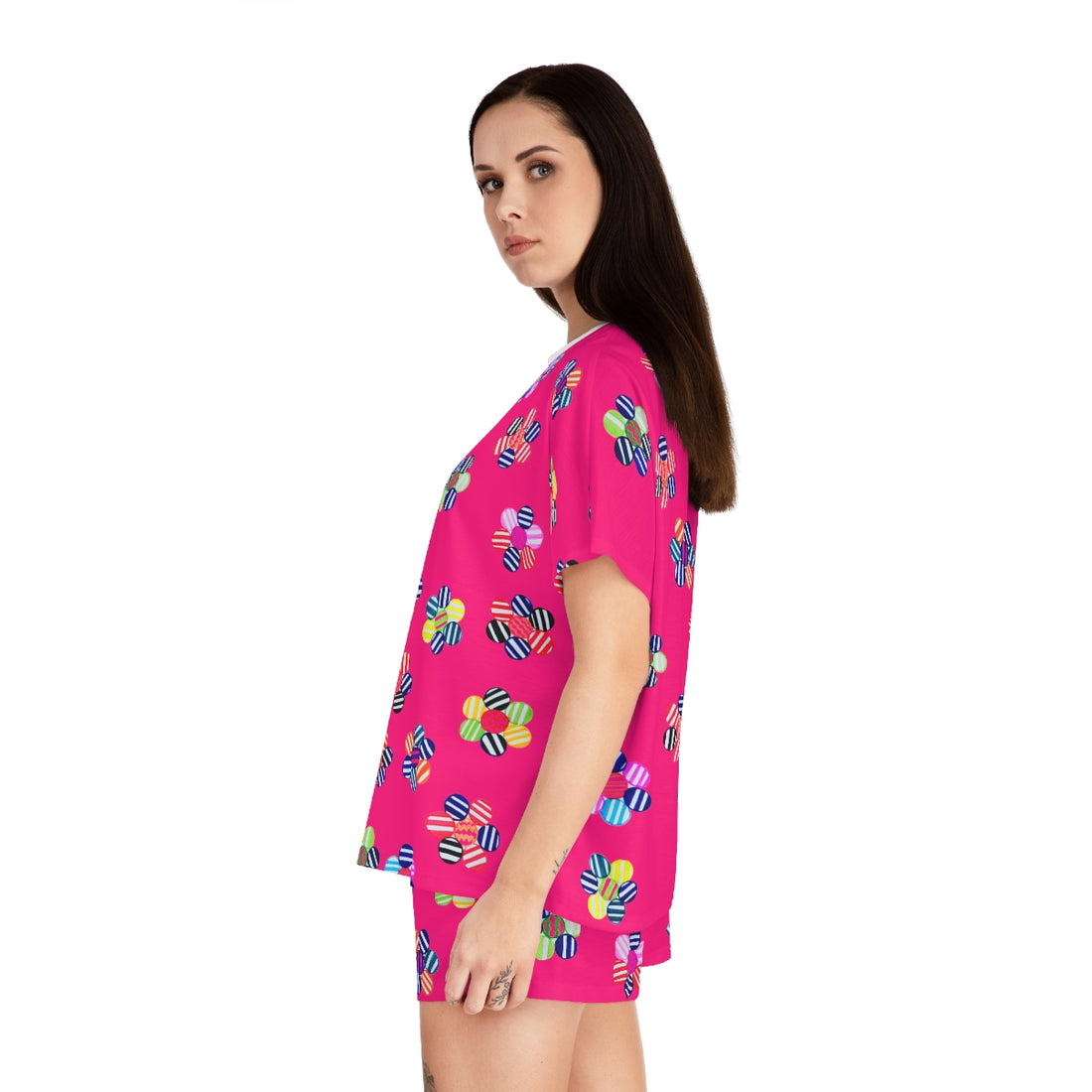 Hot Pink Candy Floral Short Pajama Set (AOP)