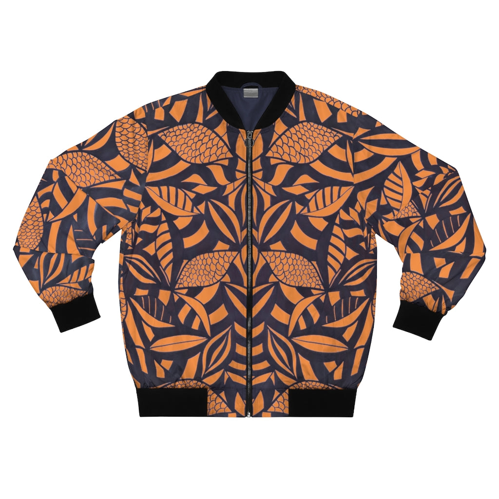 peach tropical leaves print men's bomber jacket