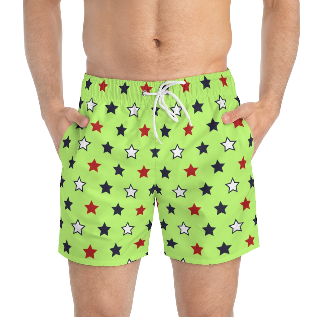 lime star print 4th of July men's swimming trunks