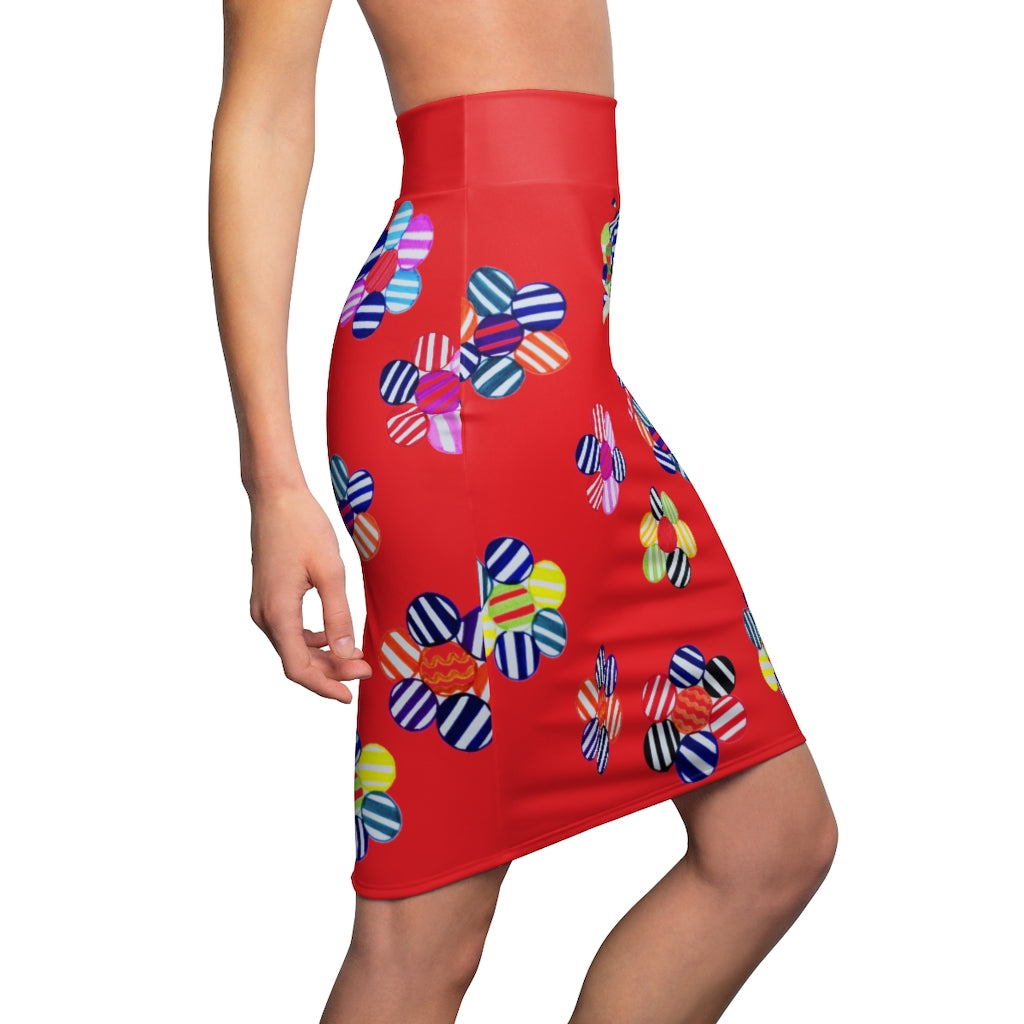 Red Candy Florals Print Pencil Skirt