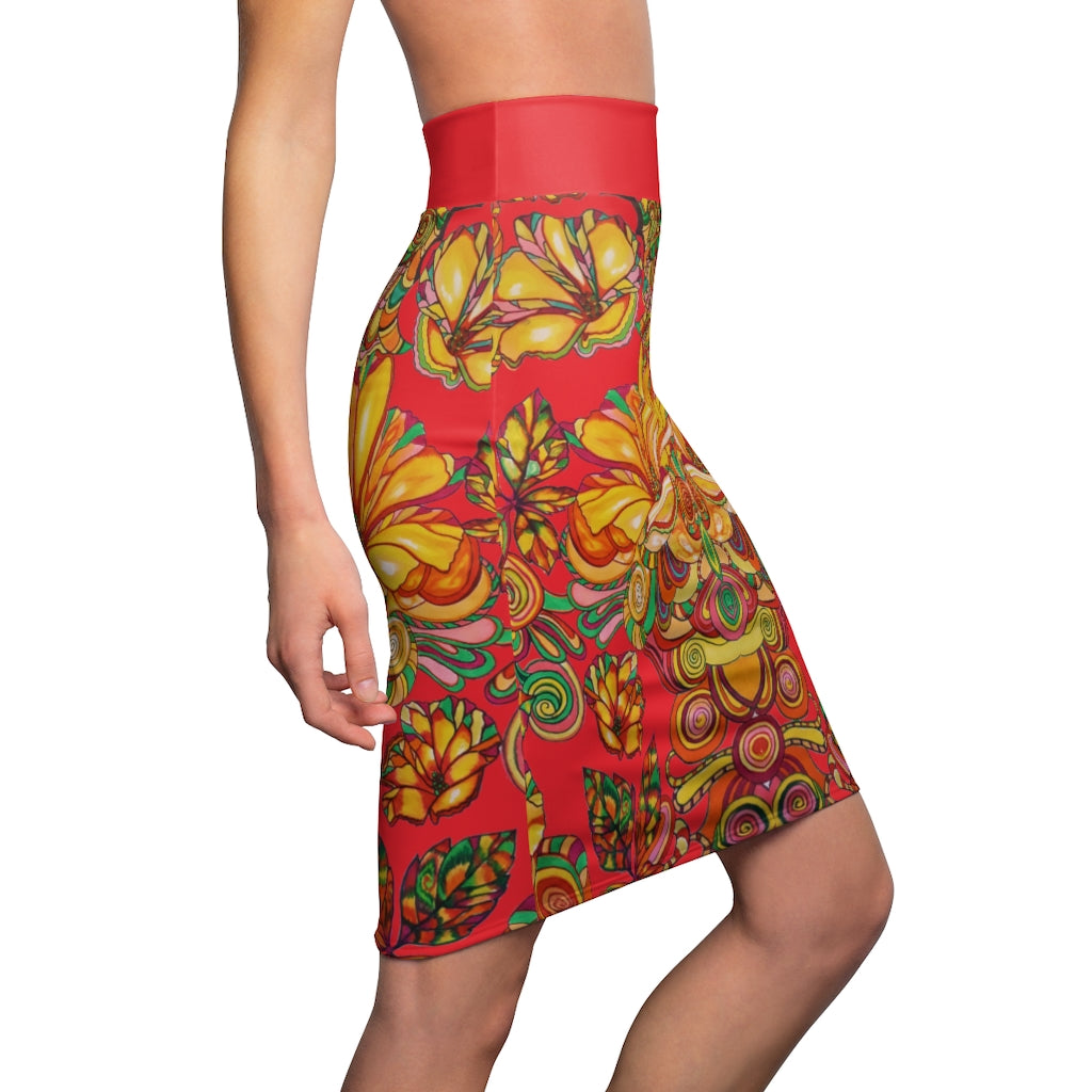 Artsy Floral Red Pencil Skirt