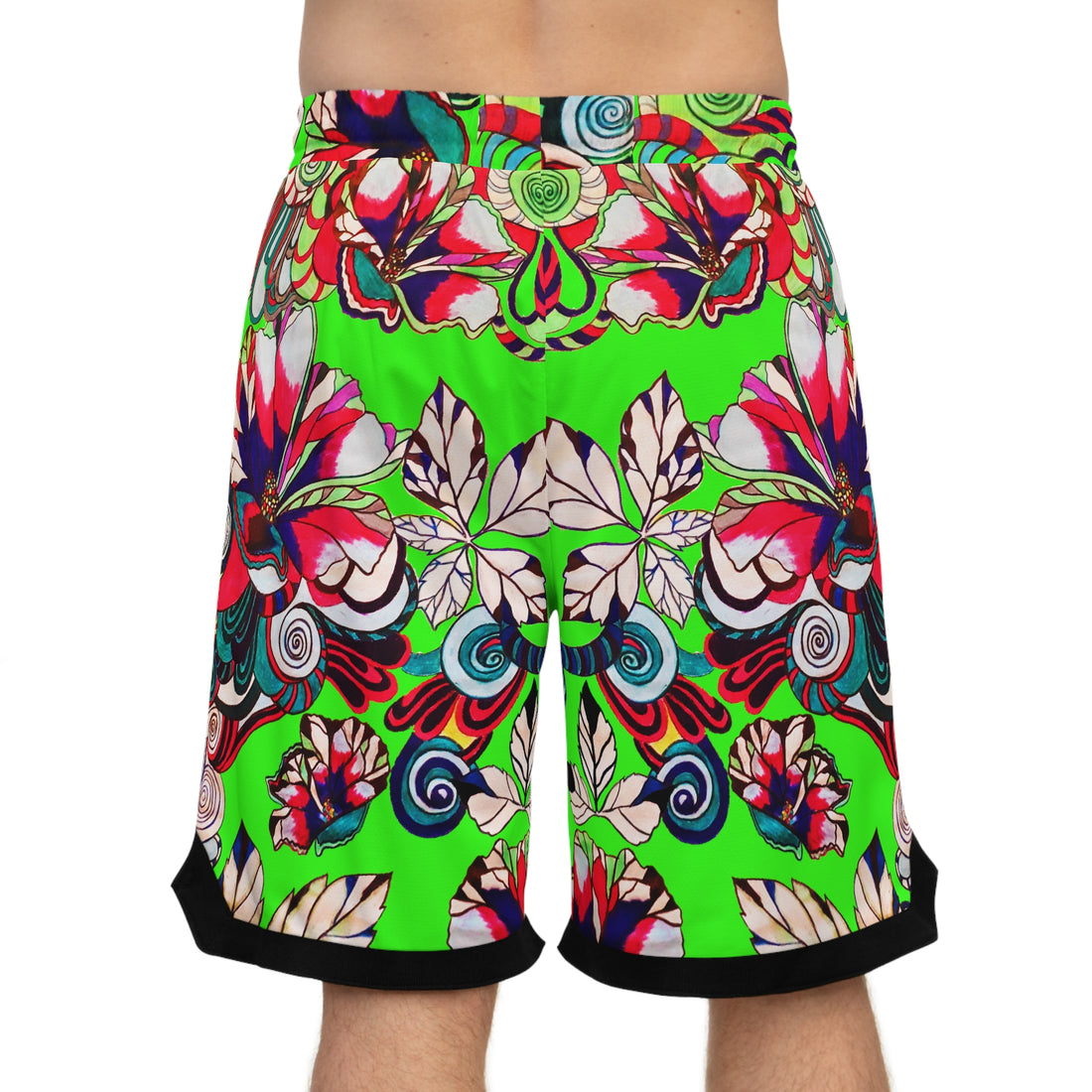 Neon Green Graphic Floral Basketball Rib Shorts (AOP)