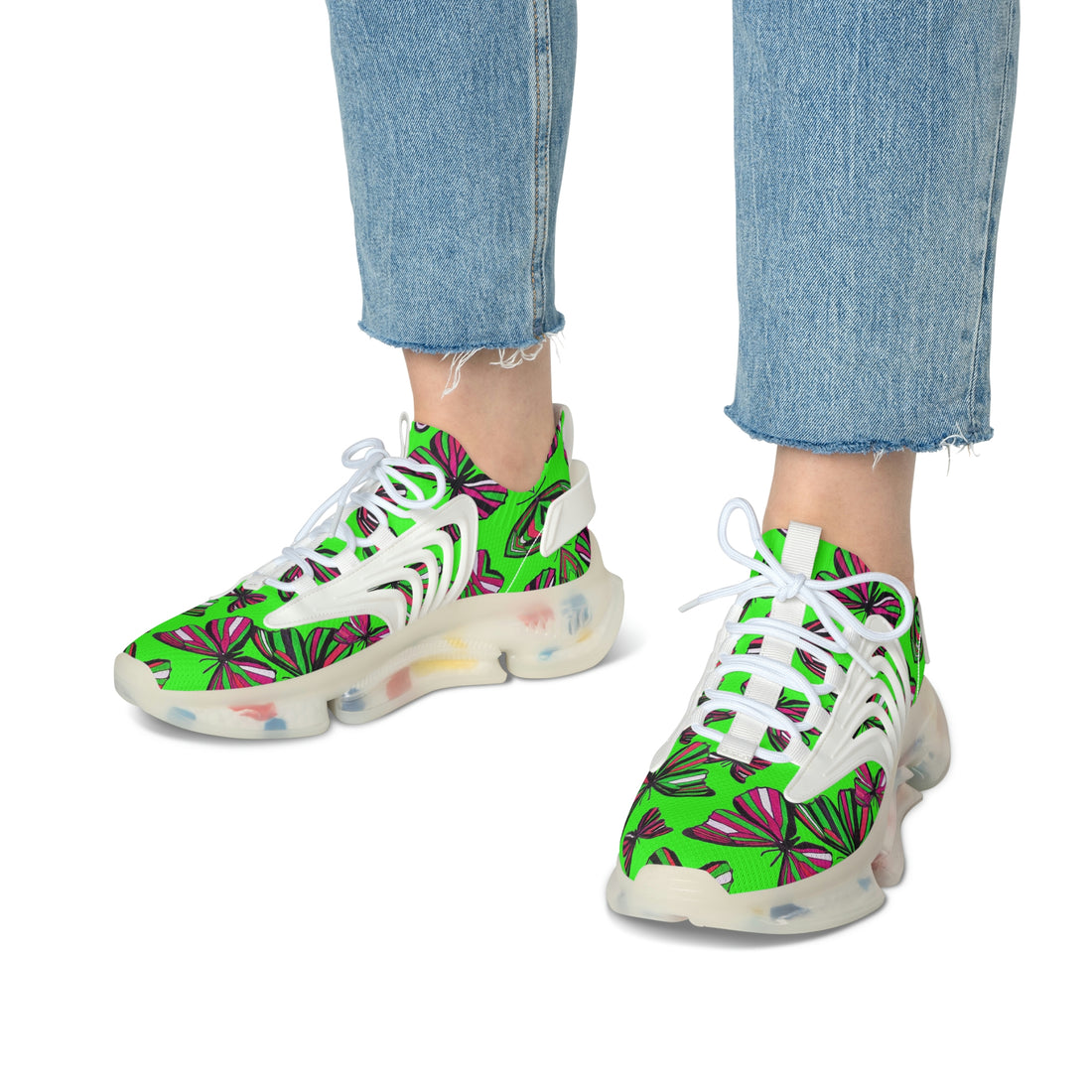 Neon Green Butterfly Printed OTT Women's Mesh Knit Sneakers