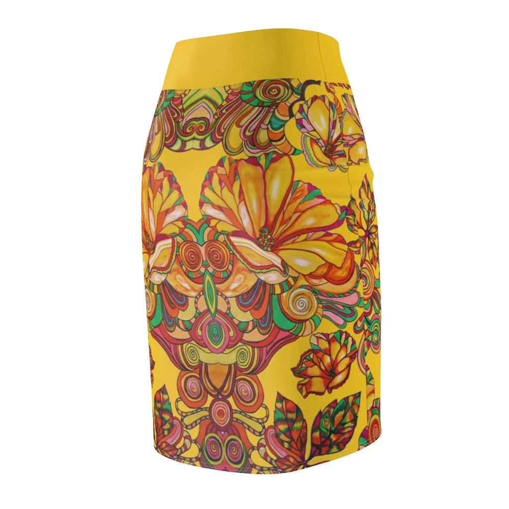 Artsy Floral Yellow Pencil Skirt