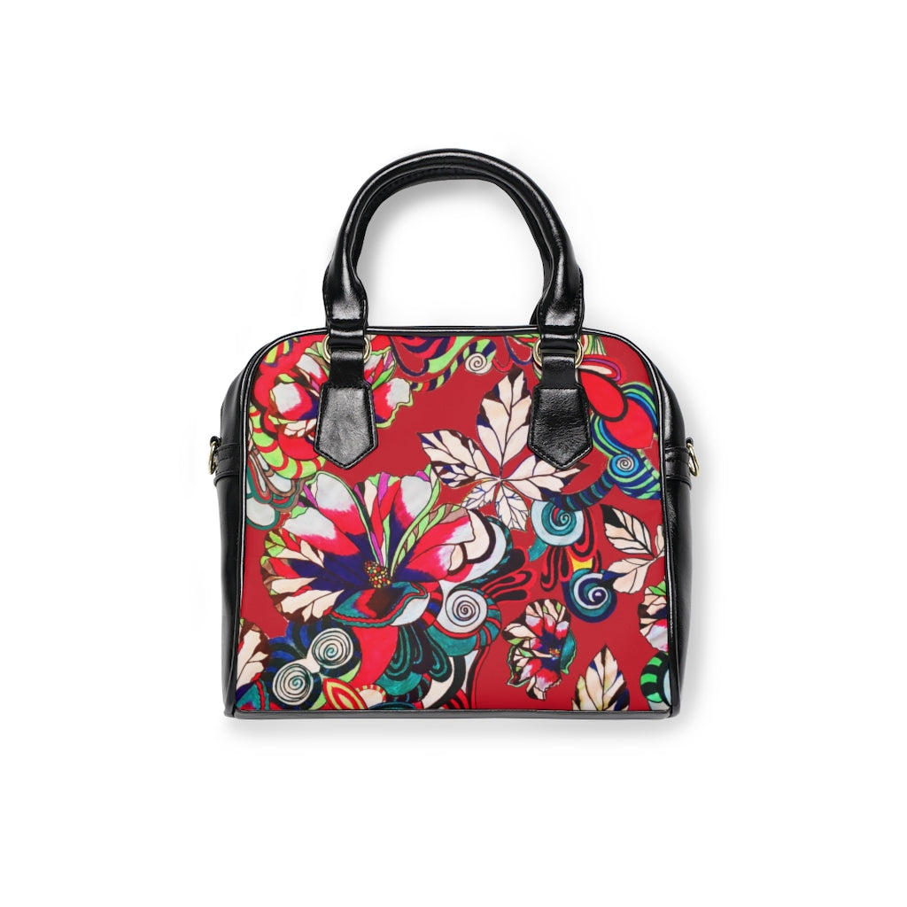 deep red graphic floral print handbag