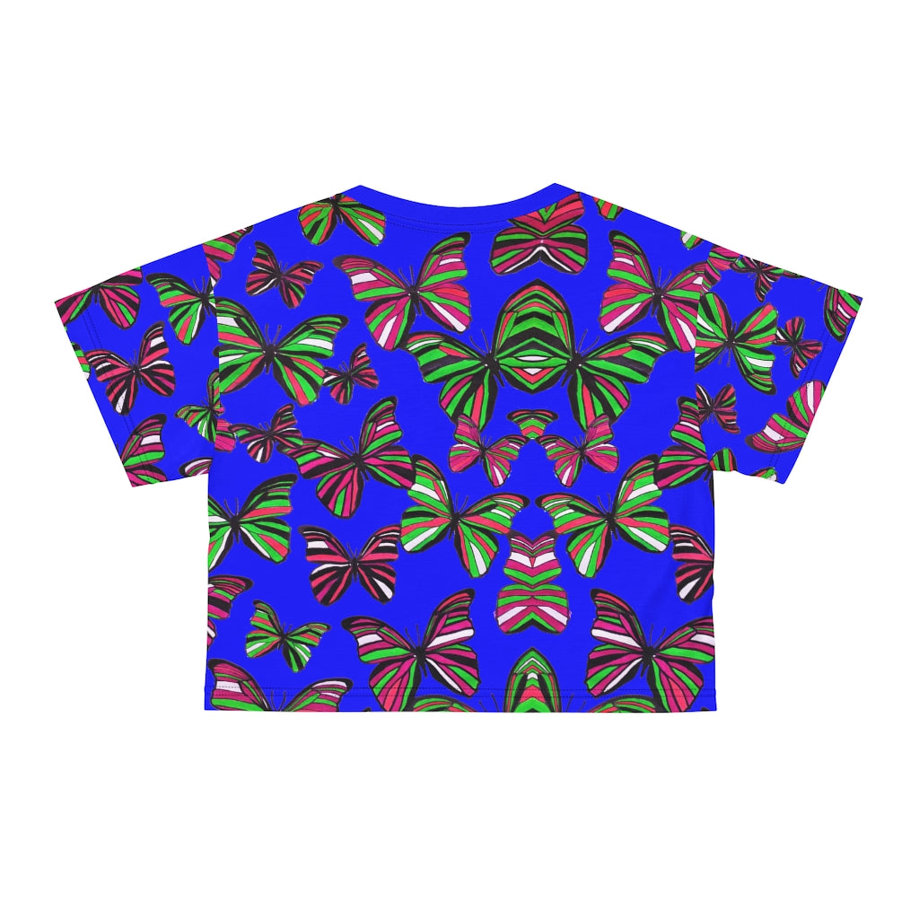 electric blue butterfly print crop t-shirt