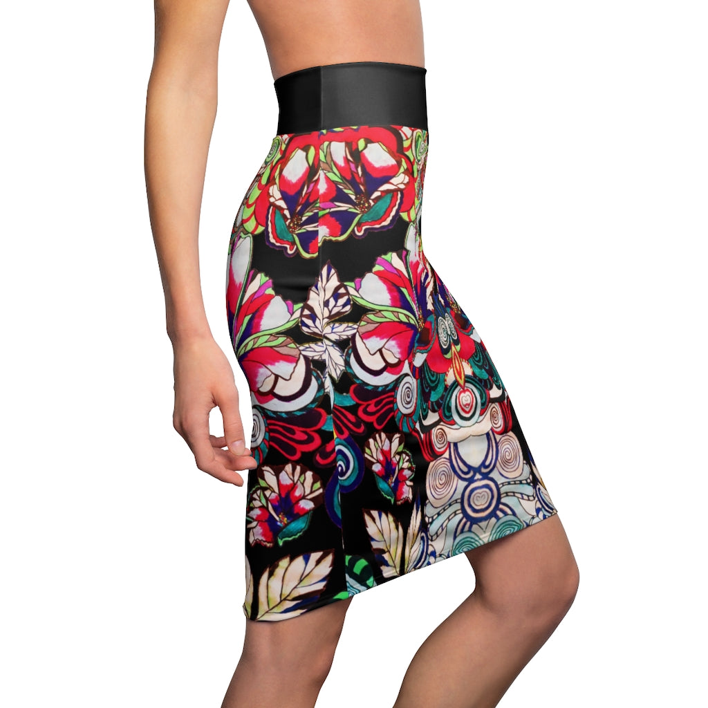 Floral Pop Black Pencil Skirt