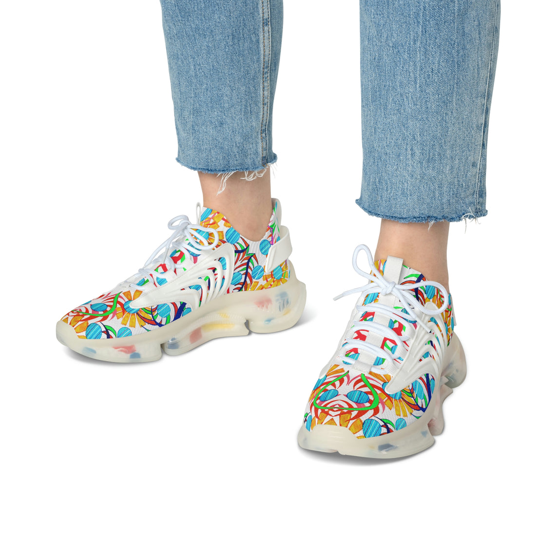 White Sunflower Printed OTT Women's Mesh Knit Sneakers