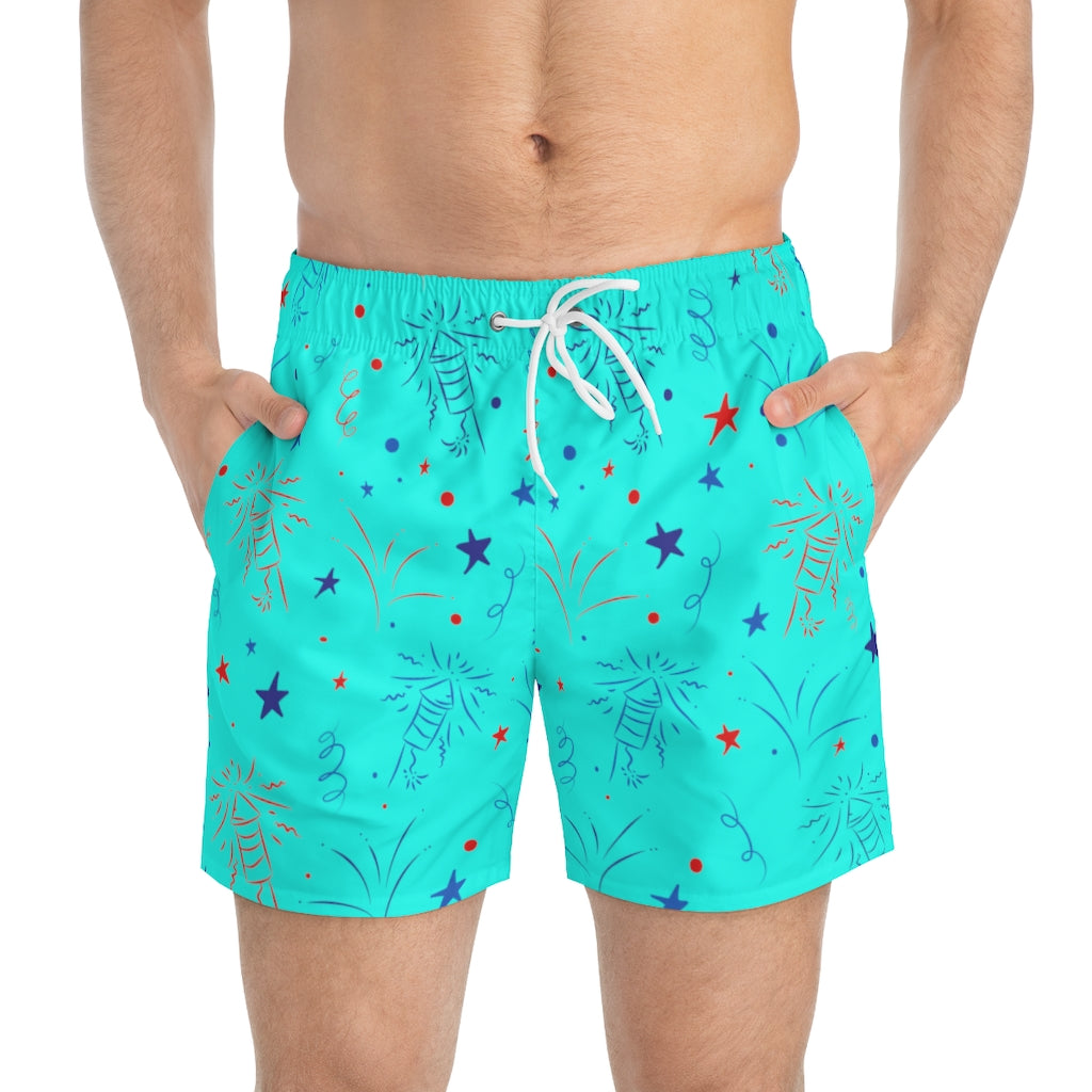 Cyan 4th of July firecracker print men's swimming trunks