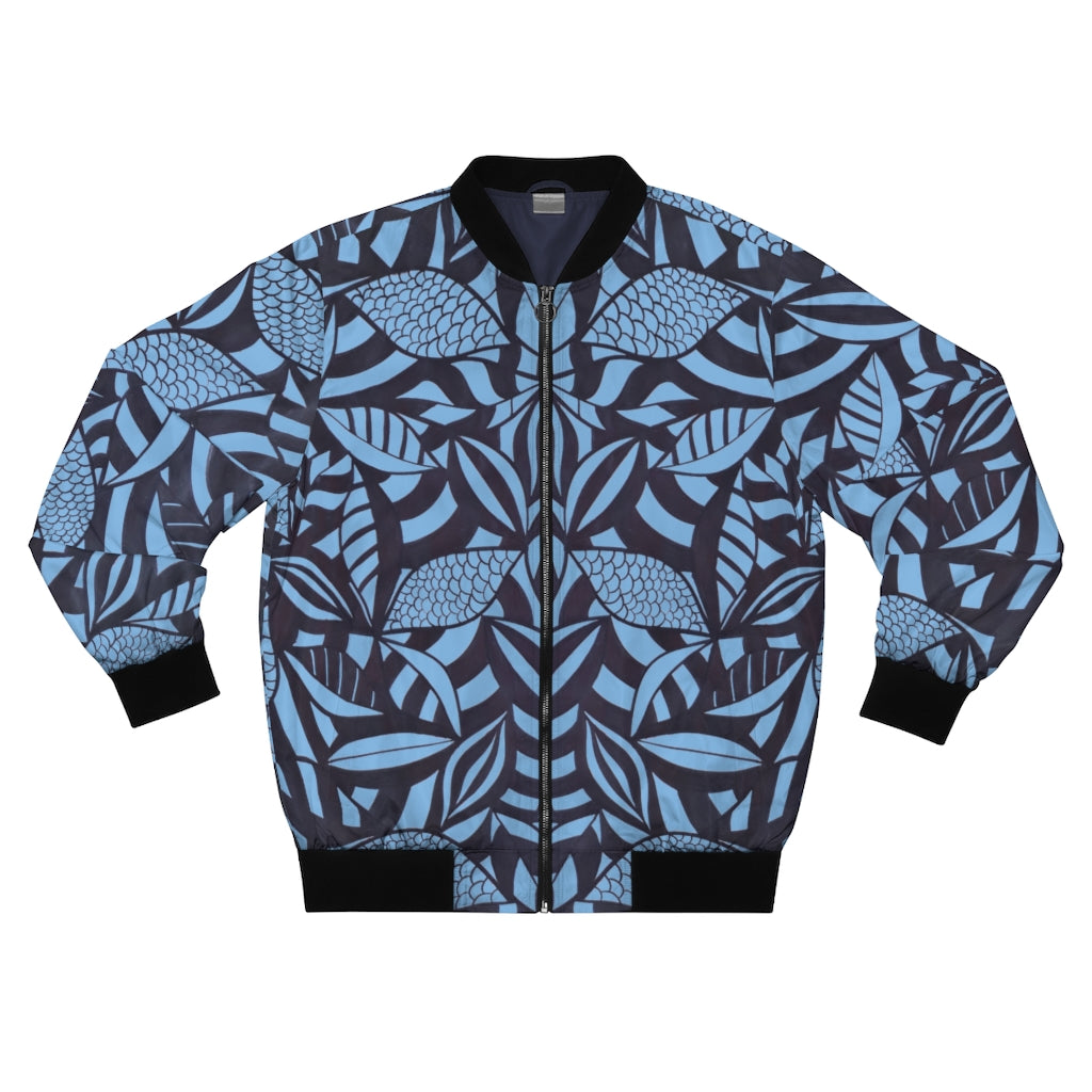 sky blue tropical leaves print men's bomber jacket