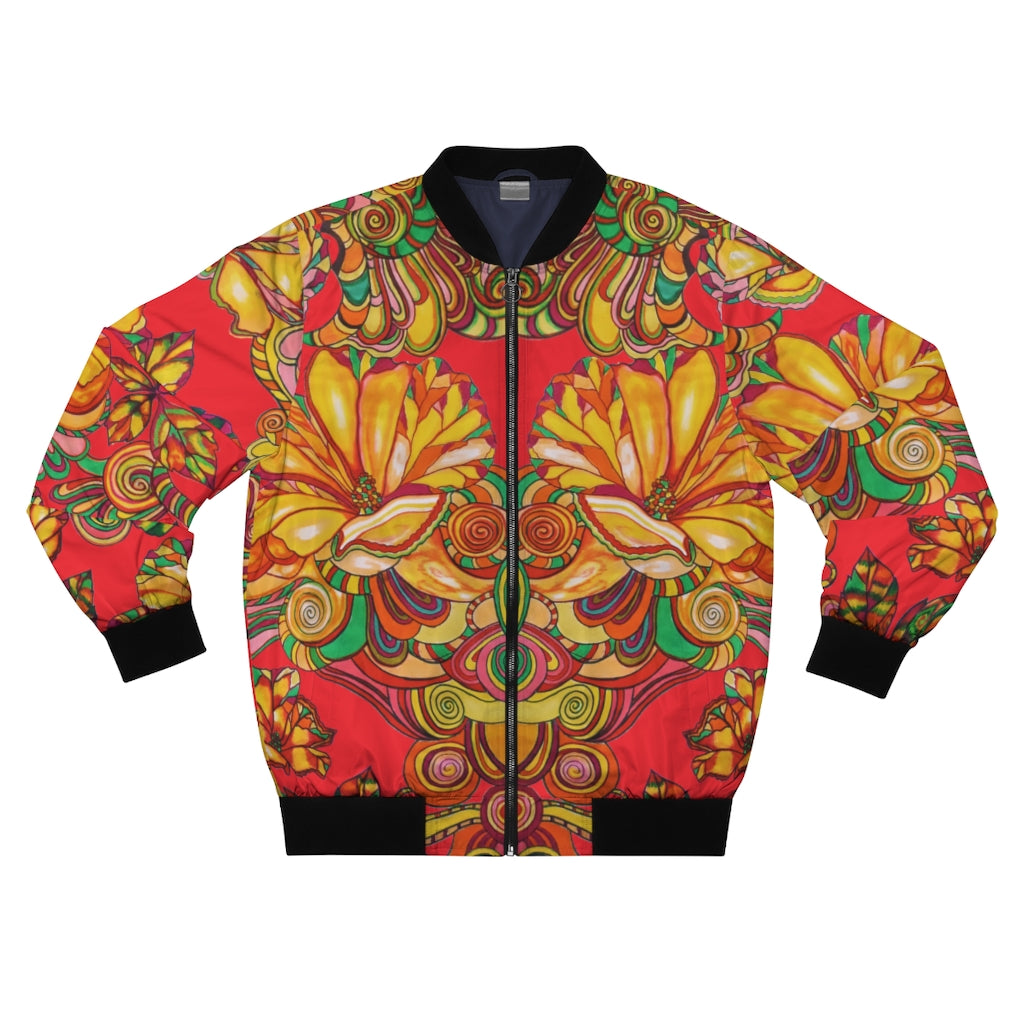 red men's wear bomber jacket in artsy floral print