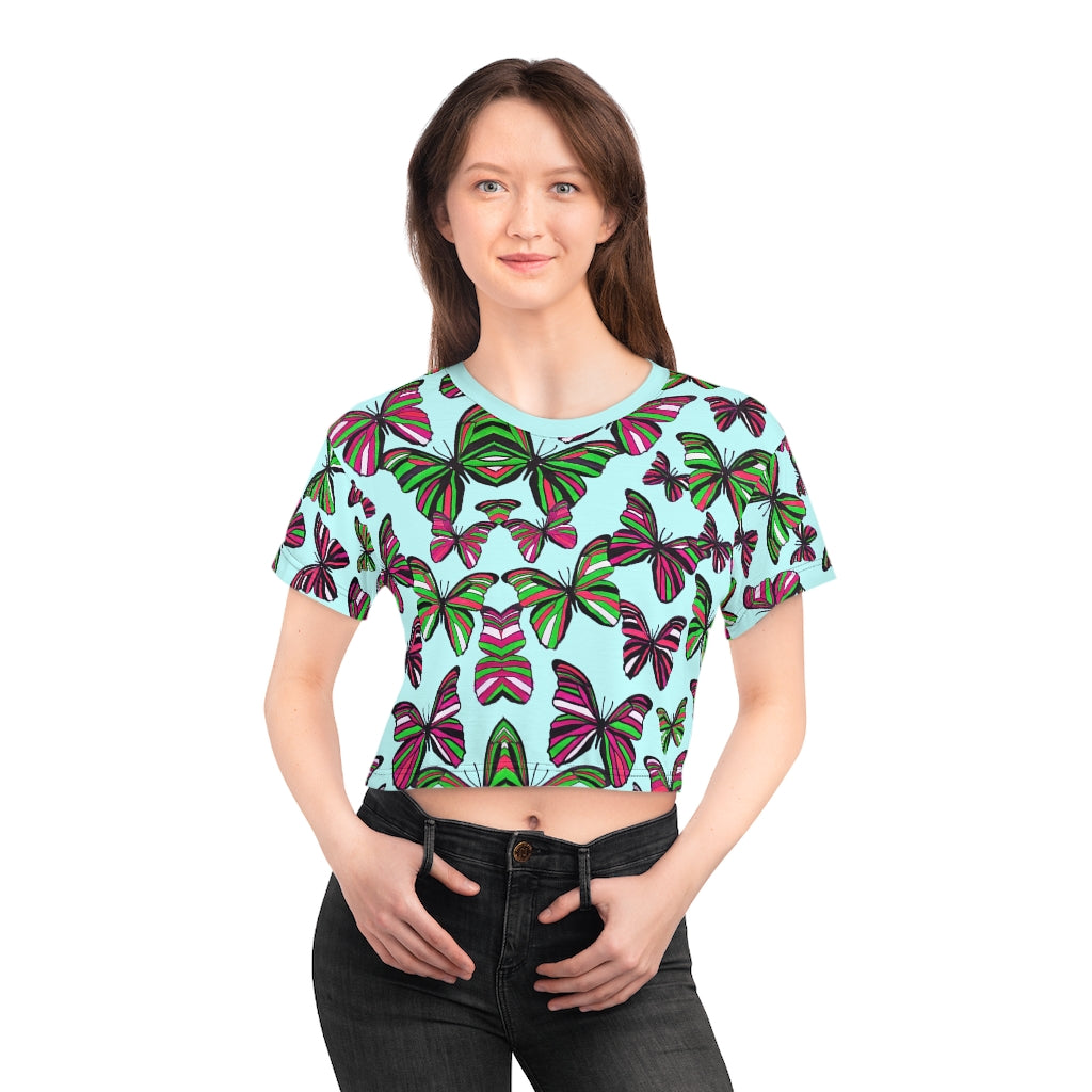 icy blue butterfly print crop t-shirt