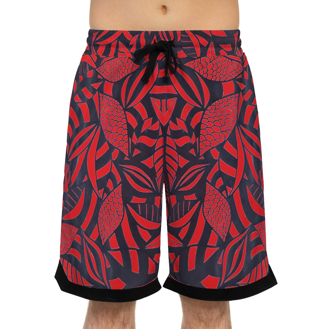 red tropical print basketball shorts for men