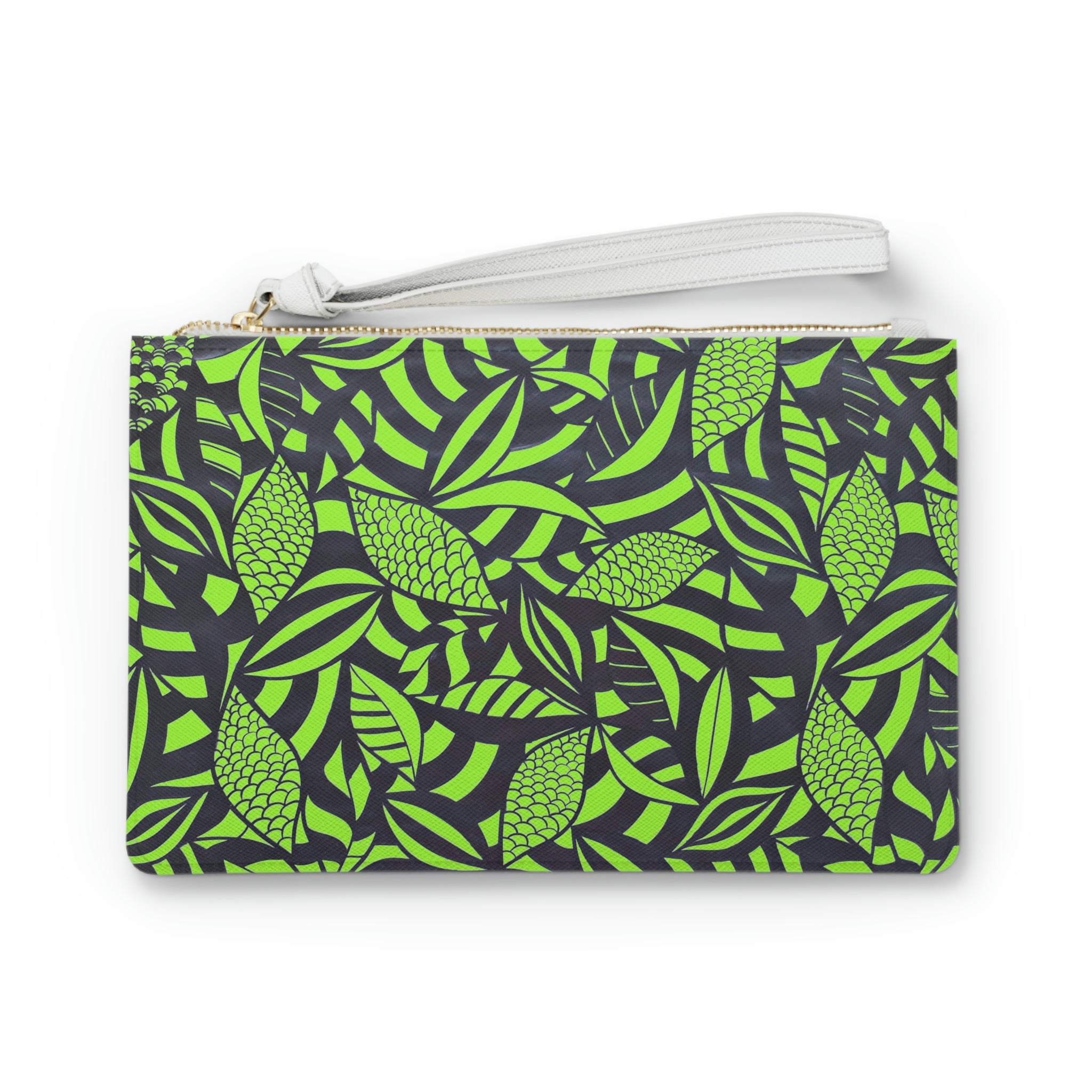 lime green monochrome tropical leaves print clutch bag