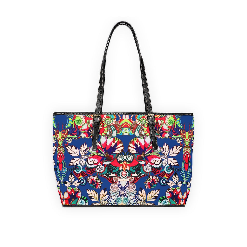 blue graphic floral tote bag