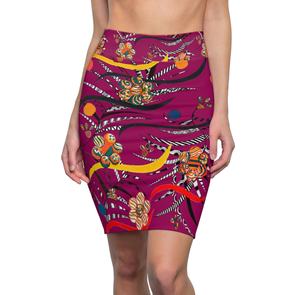 orchid floral & animal print pencil skirt