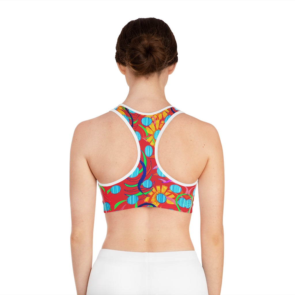 scarlet sunflower print sports bra