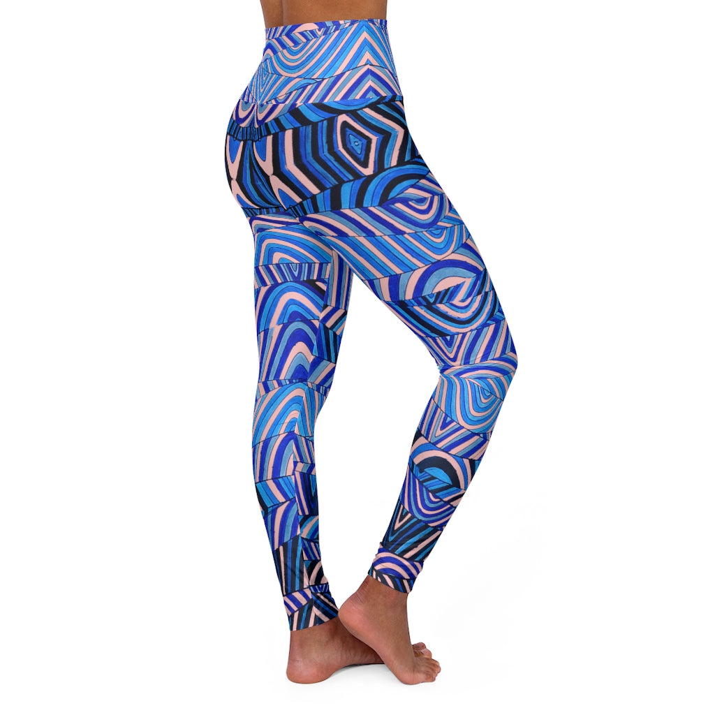 cream & blue psychedelic print yoga athleisure leggings for women