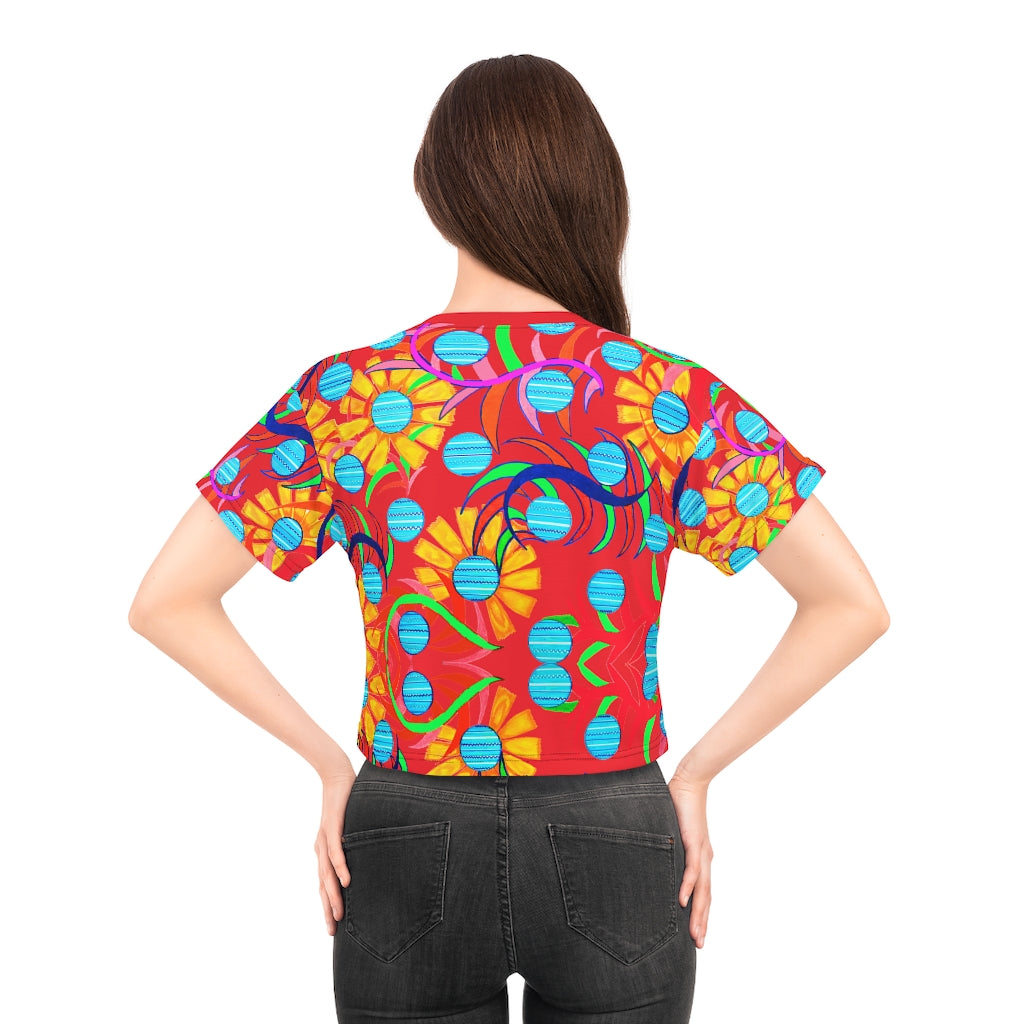 red sunflower print cropped t-shirt