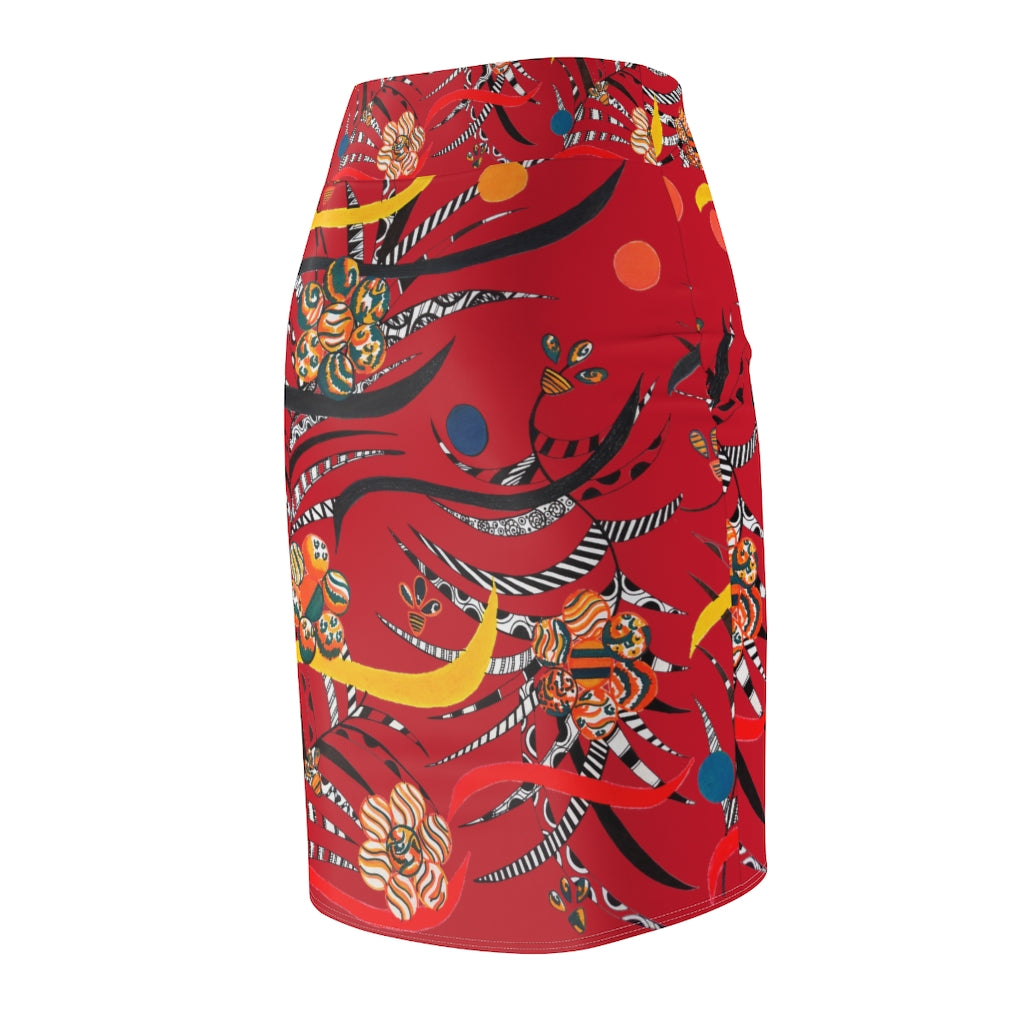 Deep Red Wilderness Print Pencil Skirt