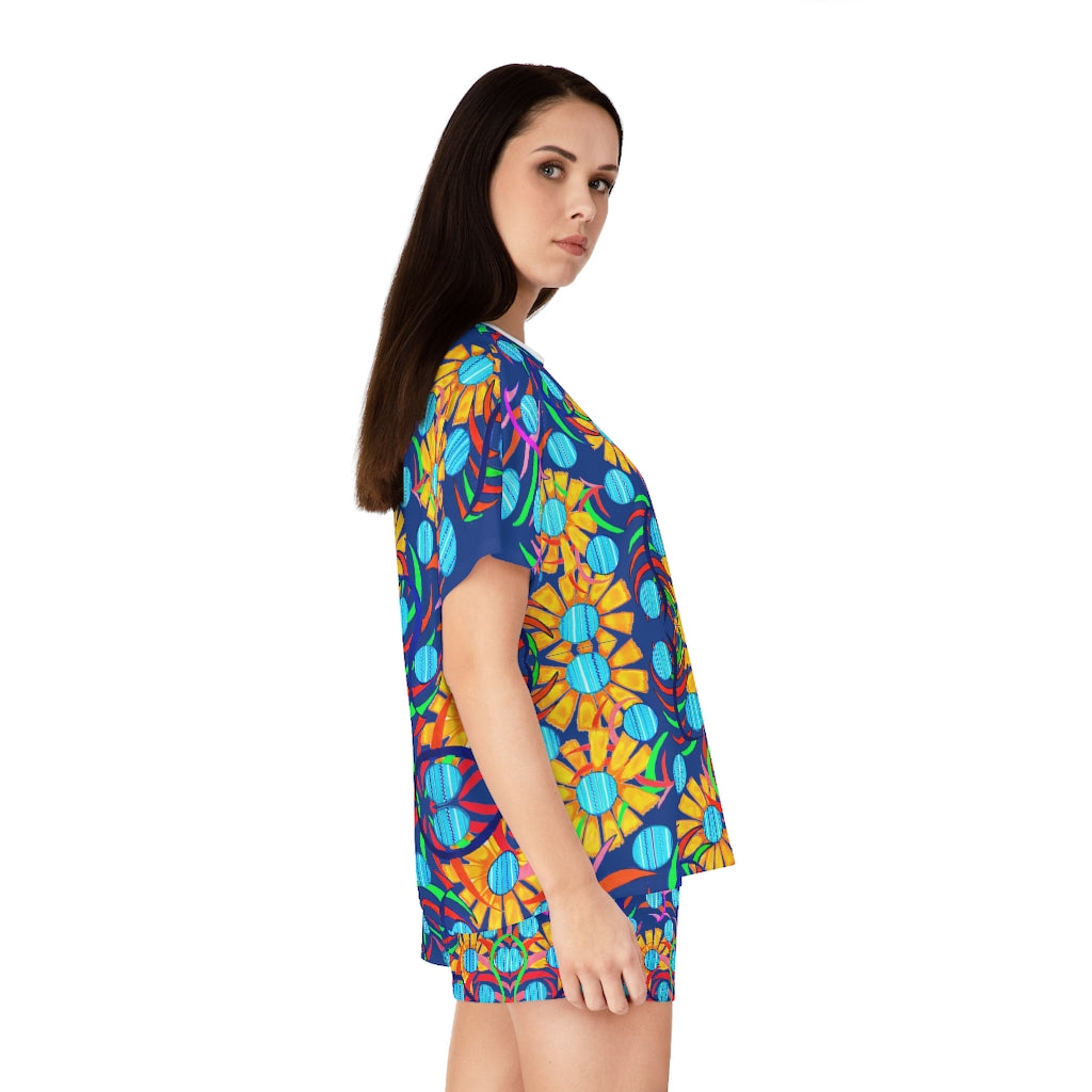 Blue Sunflower Short Pajama Set (AOP)