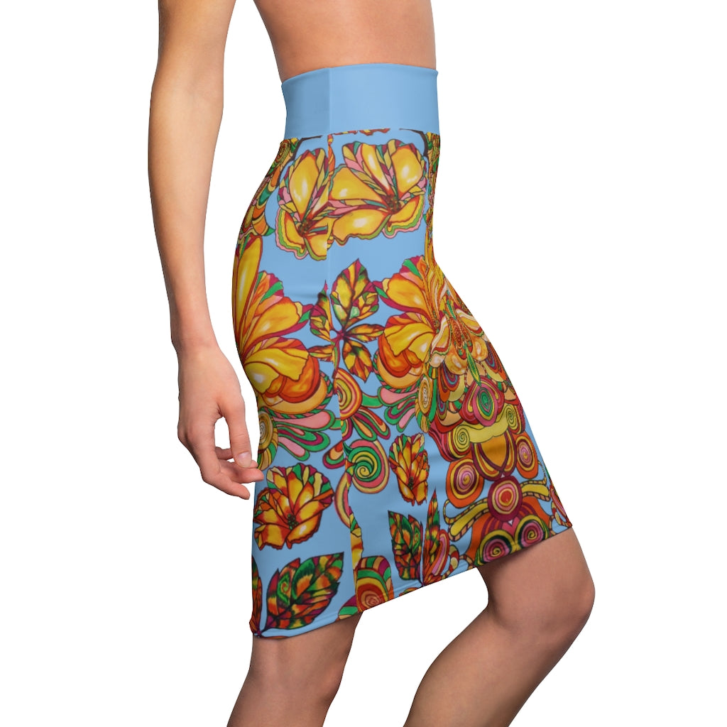 Artsy Floral Sky Pencil Skirt