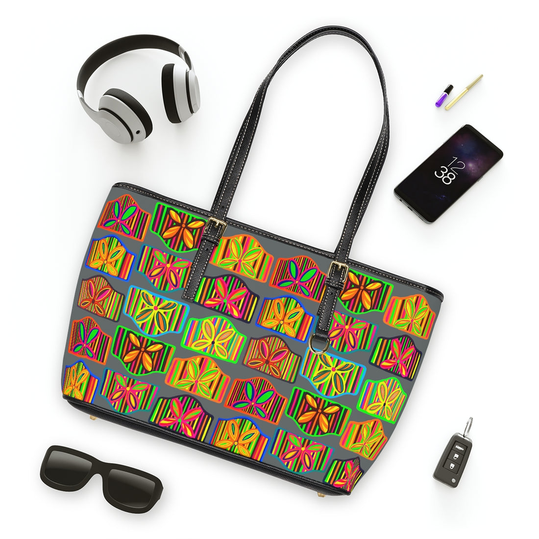 ash grey pu leather zipper tote with multi colour art deco print