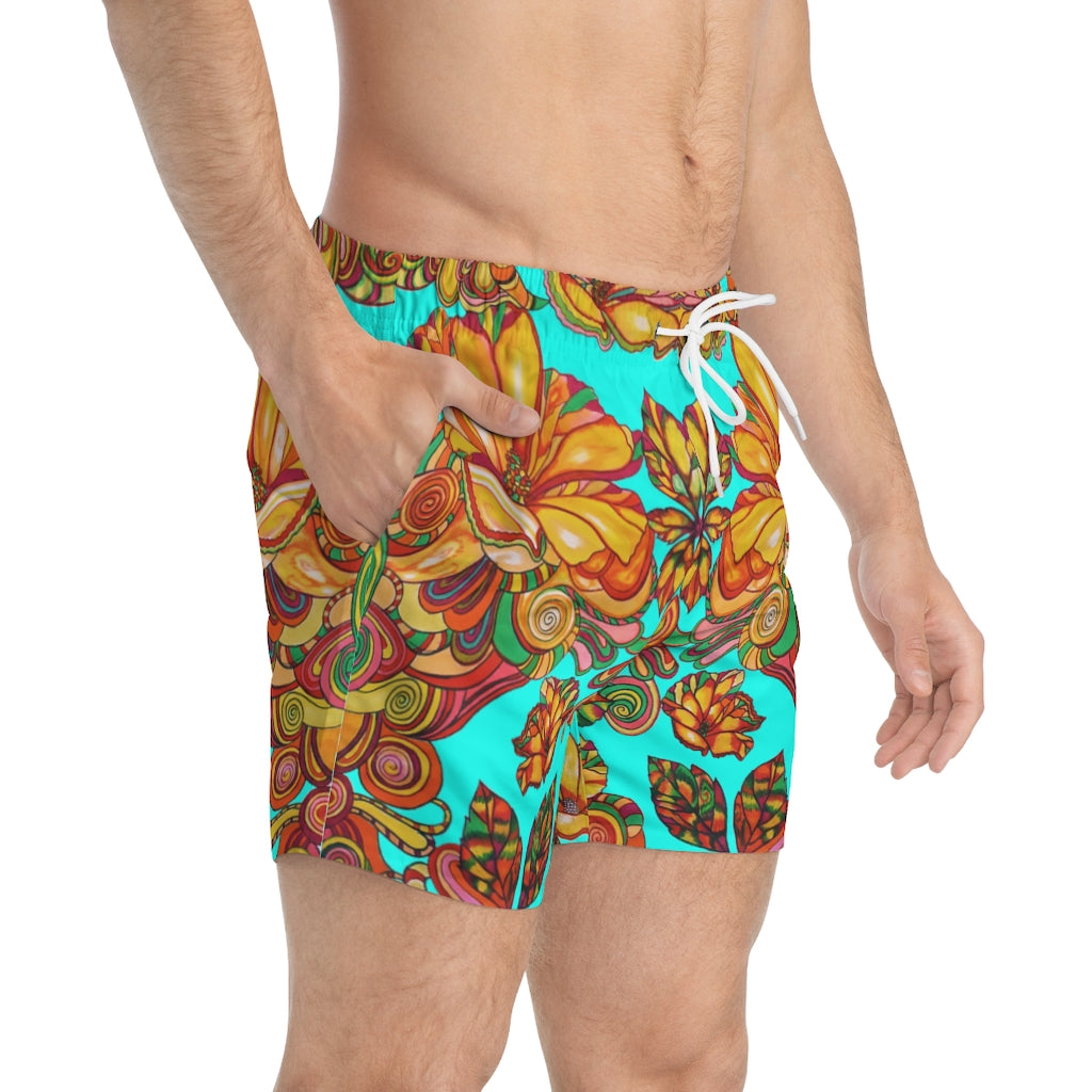 Artsy Floral Men's Cyan Swimming Trunks