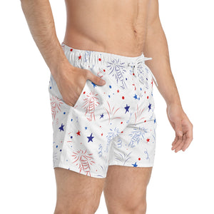 white 4th of July firecracker print men's swimming trunks