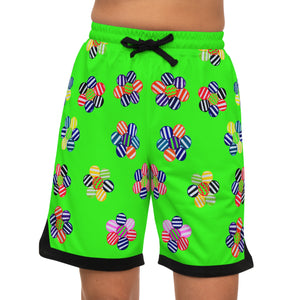 Neon Green Geo Floral Basketball Rib Shorts (AOP)