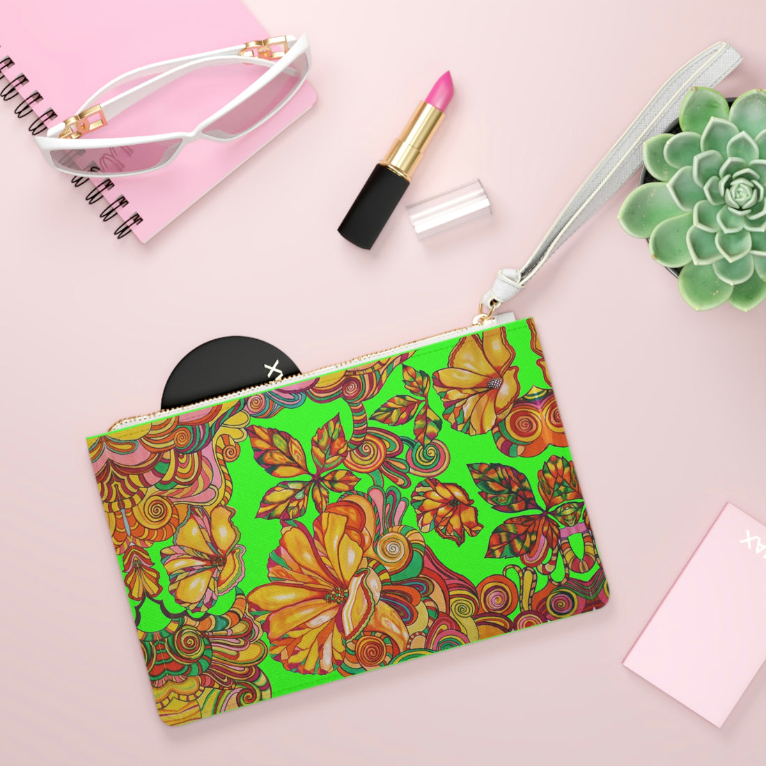 neon green floral print clutch bag