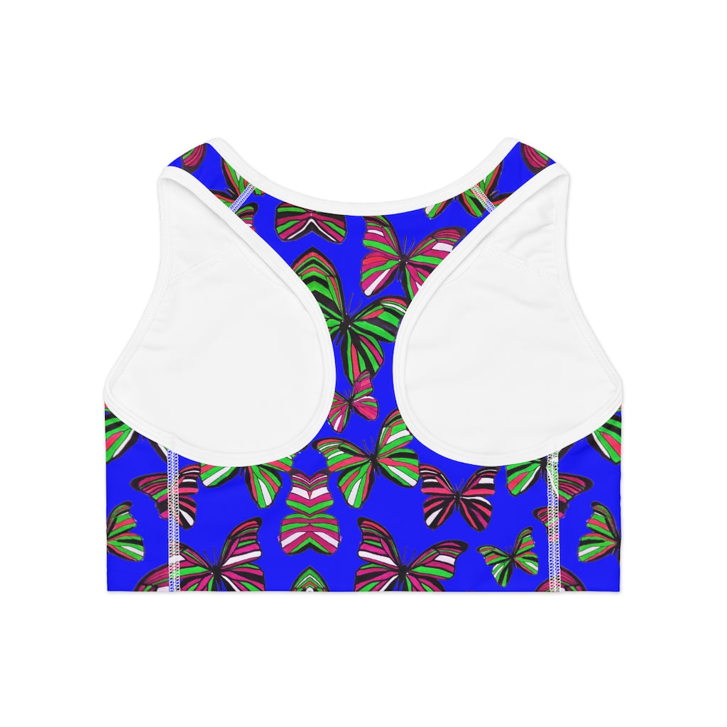 electric blue butterfly print sports bra