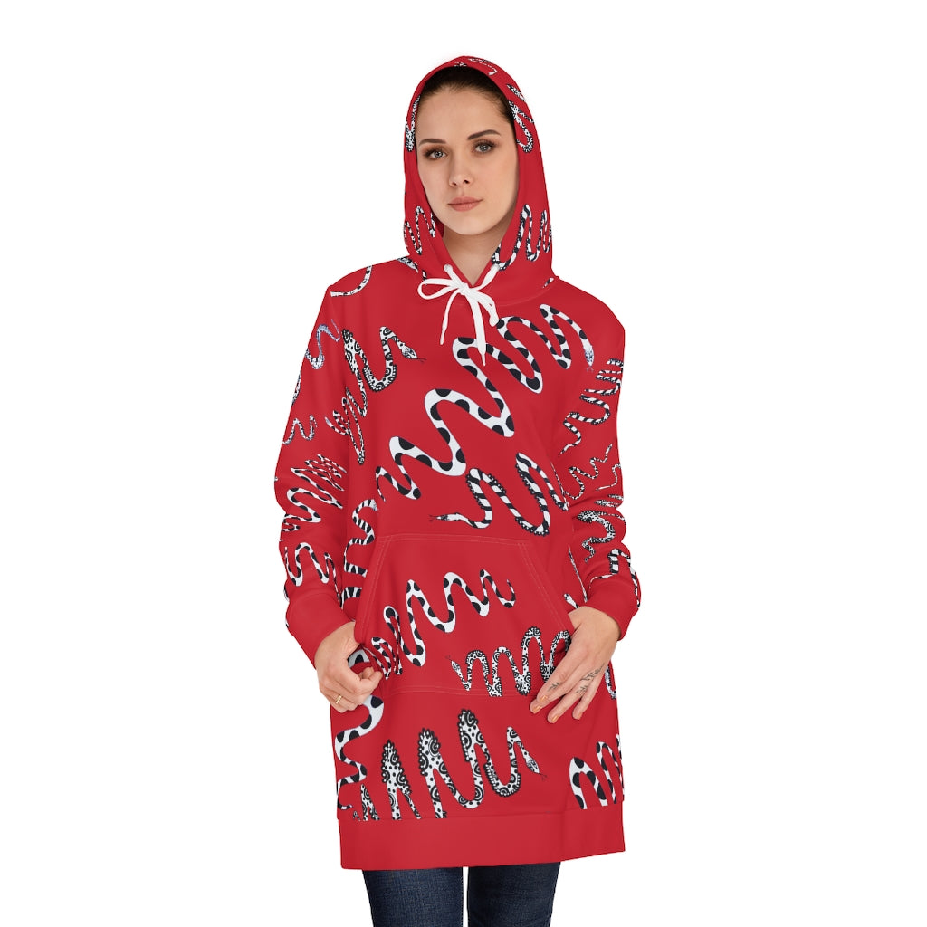 Deep Red Snake Print Hoodie Dress