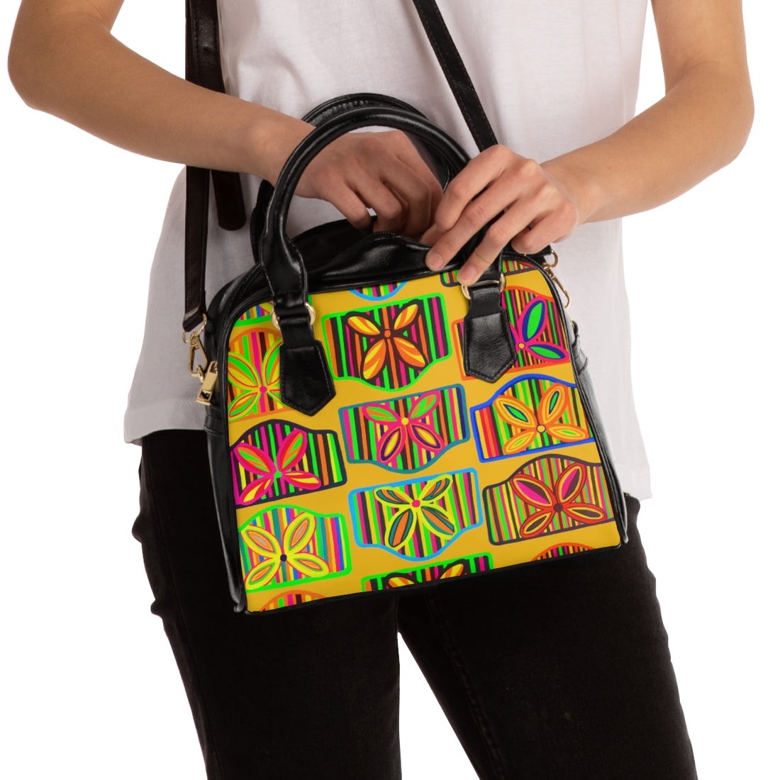 yellow art deco print pu leather handbag