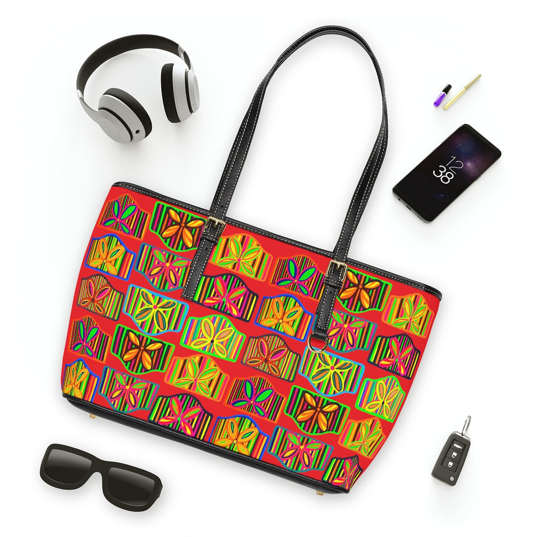 red pu leather zipper tote with multi colour art deco print