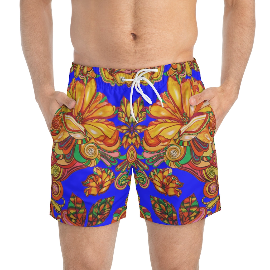 Artsy Floral Men's Electric Blue Swimming Trunks