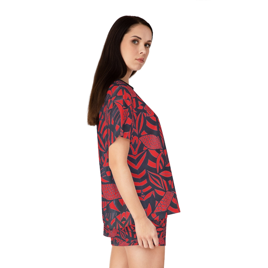 Red Tropical Minimalist Short Pajama Set (AOP)