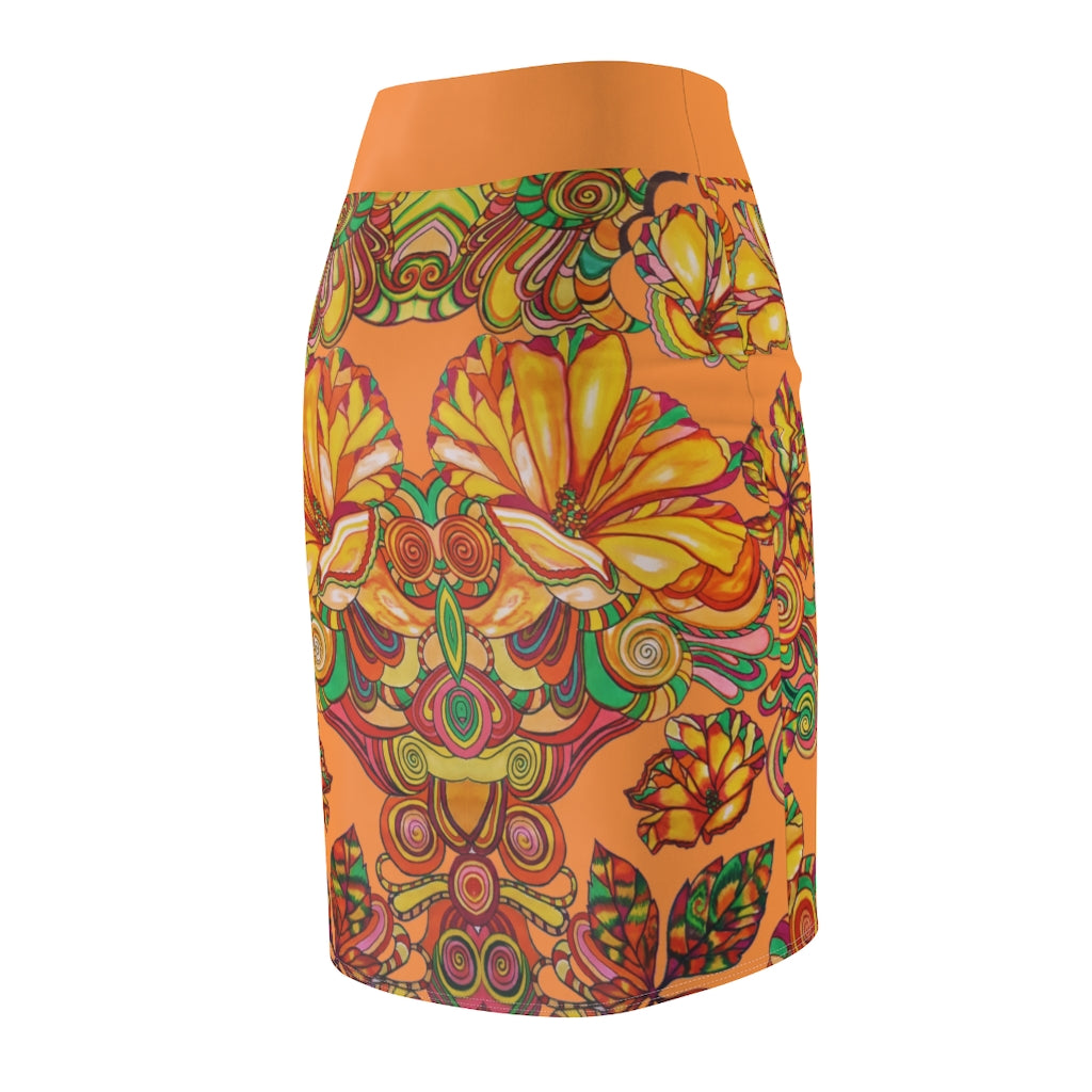 Artsy Floral Peach Pencil Skirt