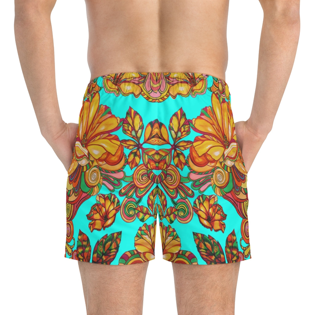 Artsy Floral Men's Cyan Swimming Trunks